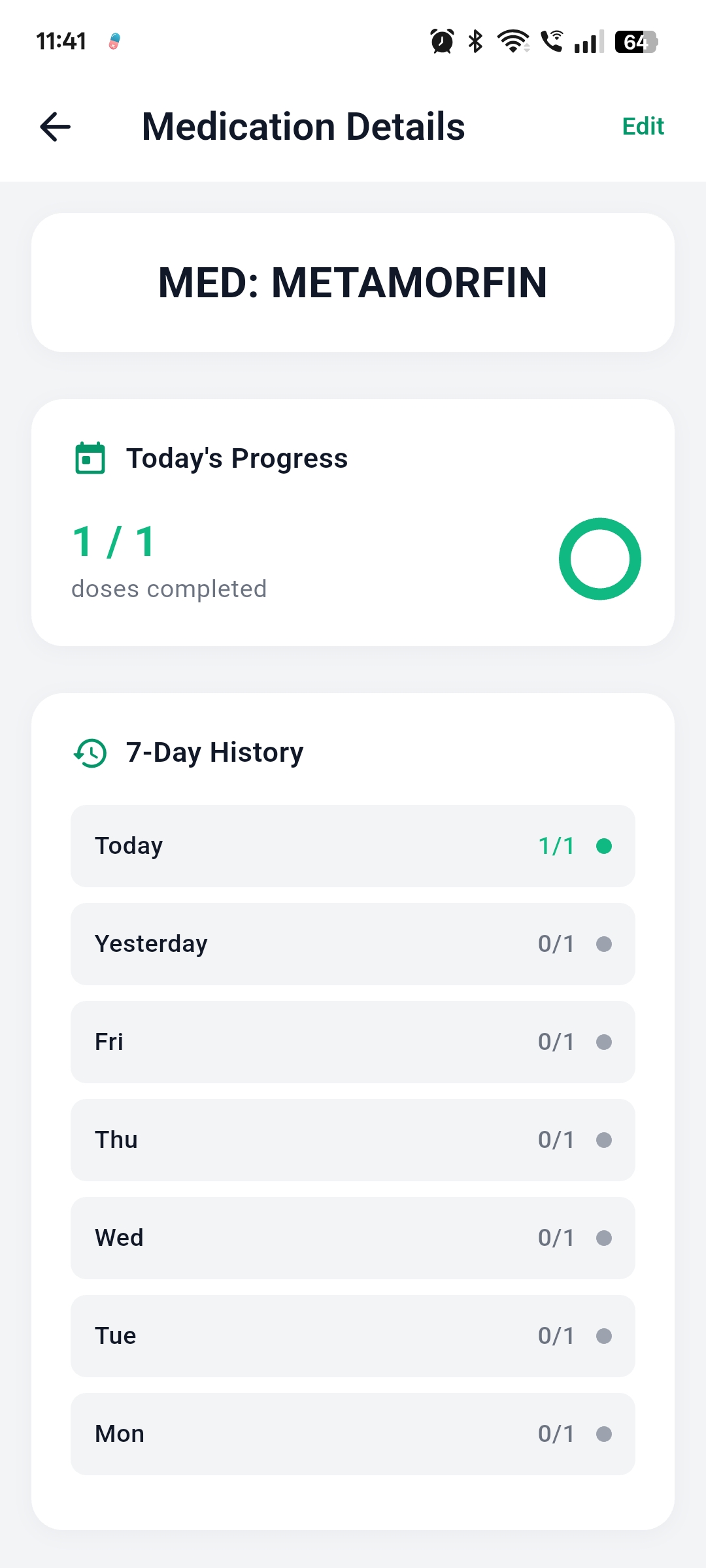 Medication details screen showing progress tracking and 7-day history for Metamorfin